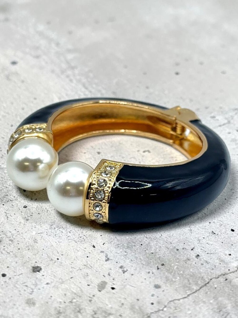 Faux Pearl and Rhinestone Black Enamel Hinged Cuff Bracelet - Picture 2 of 3
